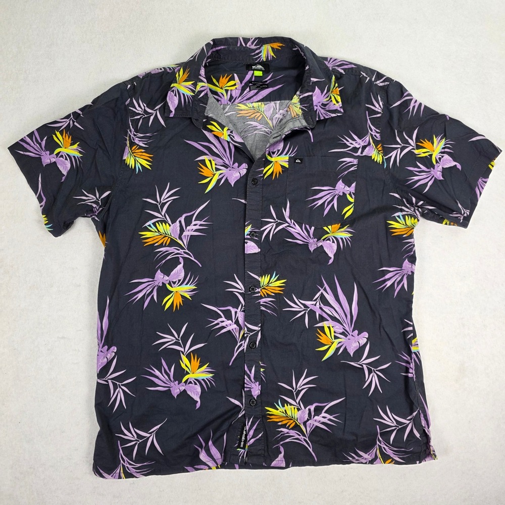 Quiksilver Mens XL Shirt Regular Fit Tropical Bird‎ of Paradise Floral Buttons